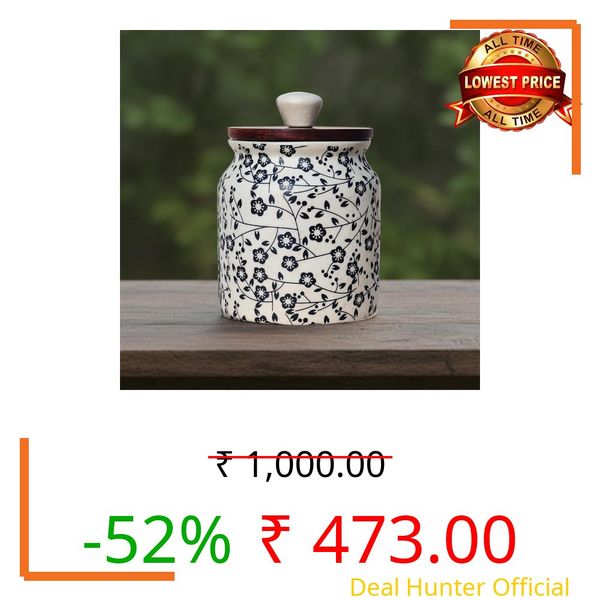 Vistas 'Heritage Black' Airtight 420ml Set of 1 Ceramic Jar for Kitchen Storage | Handcrafted Ceramic Barni with Wooden Lid | Multipurpose Pickle, Spice & Salt Container