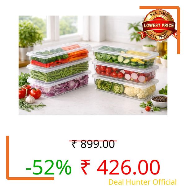 Meteor Refrigerator Storage Containers Set of 6 | 1500 ML Fridge Organizer Boxes with Drain Tray & Lids | Stackable Food Storage Containers for Fruits, Vegetables & Kitchen Use