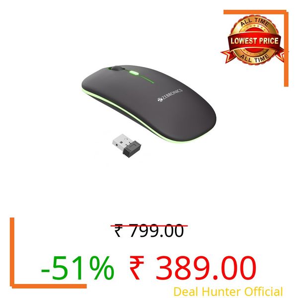 Zebronics Wireless Mouse, Dual Mode 2.4GHz + BT, Up to 1600 DPI, USB Nano Receiver, Lightweight Design, Multicolor LED Lights, Rechargeable Battery (Blanc, Grey)