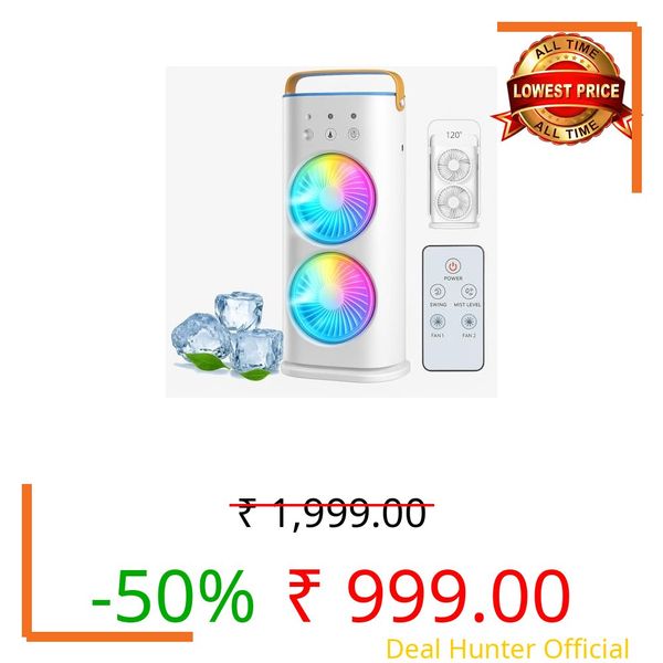 PYXBE 4000mAh Double Ended Spray Fan, Cold Air, 2025 New 3 Gears USB Rechargeable with LED Light Cooler, Tower Air Coolers & Remote Control,Water Tank,Bedroom, Living Room (C-White)