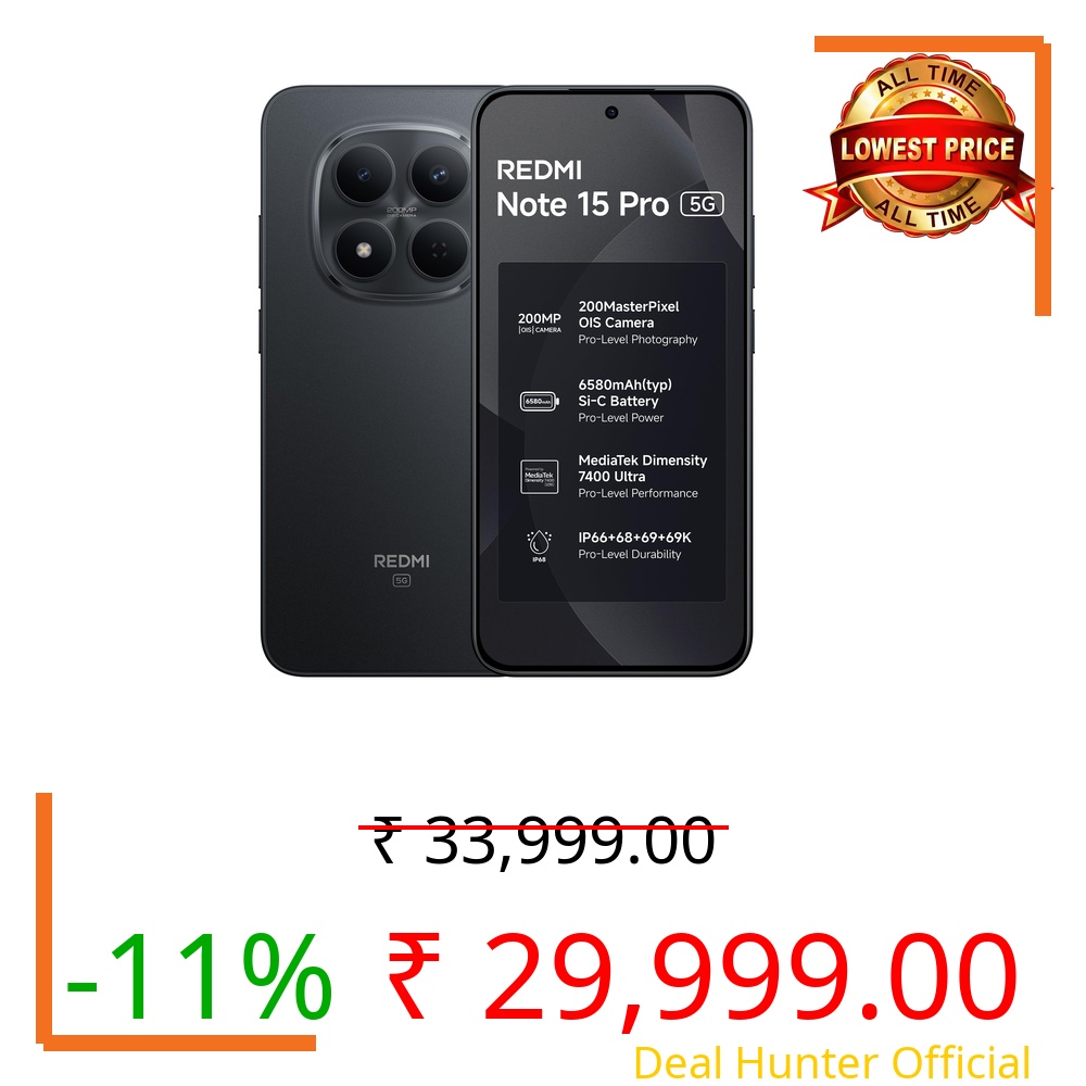 REDMI Note 15 Pro 5G (Carbon Black, 8GB+128GB) | 200MasterPixel OIS Camera | Dimensity 7400-Ultra | 17.3cm CrystalRes AMOLED Screen | IP66/68/69/69K | Mega 6580mAh Si/C Battery | 45W Fast Charging