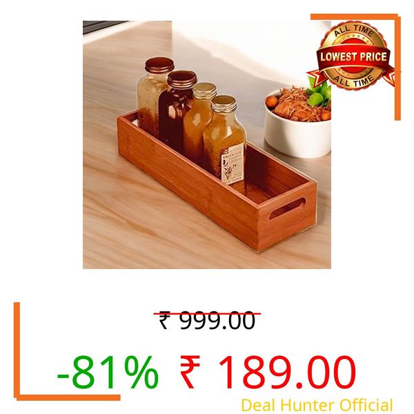 Wooden Storage Tray with Handles, Rectangular Organizer, Natural Brown Finish, Kitchen Counter Organizer