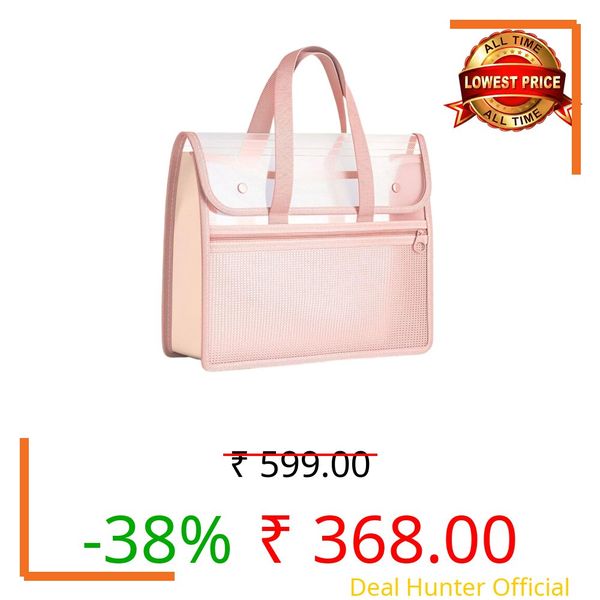 FunBlast Transparent Folder Bag with Zipper Lock & Handle Strap – 2 Pockets Clear Document File Organizer for Certificates, Papers & Documents, School & Office Stationery Storage (Pink)