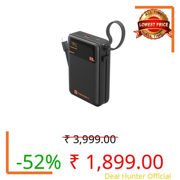 Portronics 65W Ignis 65 20000mAh Fast Charging Powerbank with in-Built Type C Cable for Android Smartphones, iPhones, ipads, Tablets & Macbooks, Type C PD Port, LED Display, Strong Lanyard (Black)