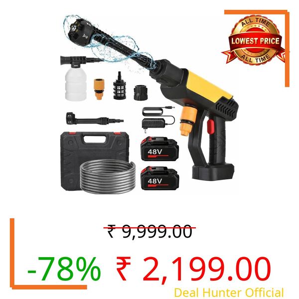 Zancia Turbowash Cordless Portable 48V Wireless Pressure Washer Gun -12000mAh High Pressure Water Gun for Car and Bike Wash, Adjustable 6 in 1 Nozzle, 5M Hose Pipe, Double Battery Included.
