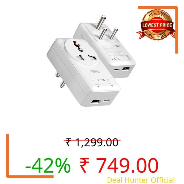 GM G+ 3-in-1 20W PD Fast Charging Adapter with 2500W Universal Socket | Dual Type-C & USB-A Ports | Socket for India, US, UK, EU, AU | Compact Design for Bedside Use | Multi Plug Power Adapter