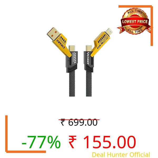 AlakhDM 4-In-1 Multifunctional 65W Fast Charging Cable With Metal Zinc Alloy Head, Tangle Free Flat Cable, USB A, Type C to C/Lighteni-ng, Fast Data SynC, Compatible with All SmartPhone