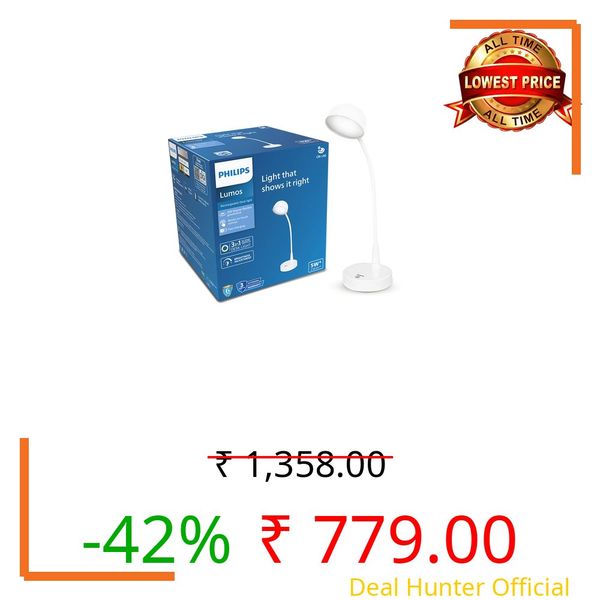 Philips 5W Lumos White LED Desk Light | 3-in-1 Study Lamp with Adjustable Brightness | EyeComfort Technology | Energy Efficient LED | Modern Table Lamp for Study & Work | Pack of 1