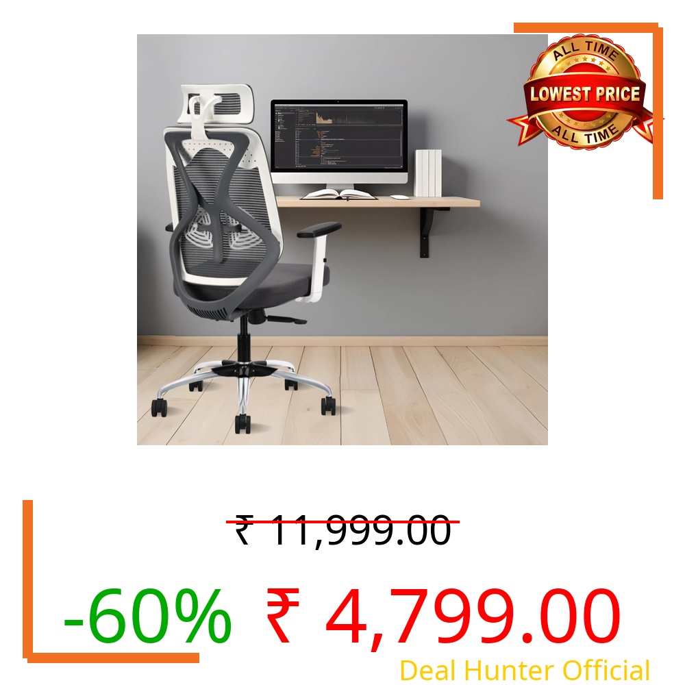 IAFA FURNITURE® Ergolux High Back Ergonomic Office & Study Chair | 3 Year Warranty | Adjustable Height, Tilt Lock, 2D Headrest, Adjustable Arms & Lumbar Support | Heavy Duty Metal Base | DIY | Grey