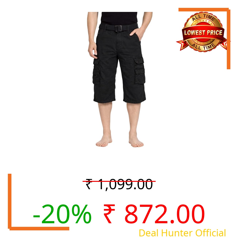 Krystle Men’s Cotton Cargo Capri Shorts Below Knee | Multi-Pocket Casual Summer Wear (Black,30)