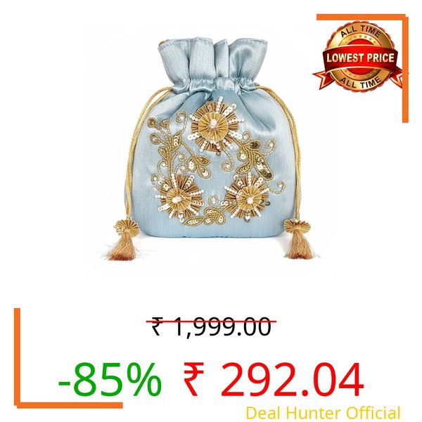 DUCHESS Silk Potli Bag for Women with Hand Embroidery & Pearl Detailing – Perfect for Weddings, Ethnic Wear, Return Gifts & Festive Events – Lightweight, Elegant Batua Purse Style. (Powder Blue)