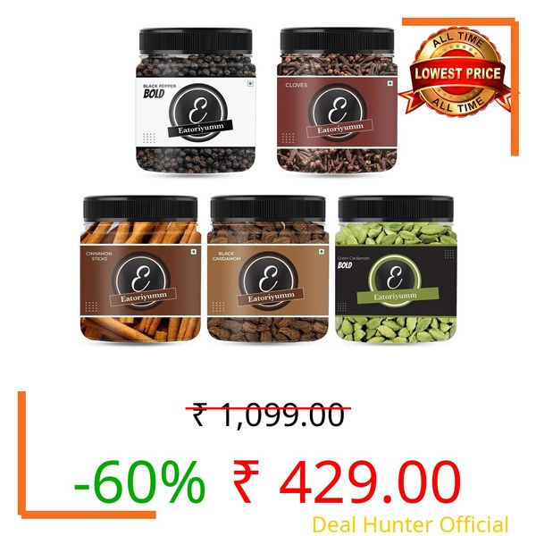 Eatoriyumm Premium Whole Spices Combo – Dalchini, Black Cardamom, Green Cardamom, Black Pepper & Cloves – 50g Each | Authentic Indian Aromatic Spice (Total 250gm)