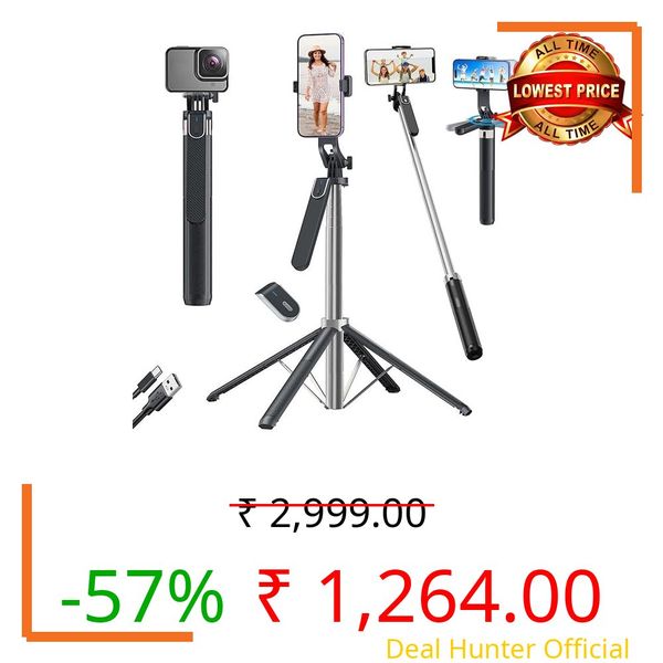 Kratos CT 65" Selfie Stick Tripod with Reinforced 4-Leg Tripod Stand Comes with 360° Rotatable Handle for Panoramic Shots with Detachable BT. Ultimate Stability for Smartphones, Ring Lights