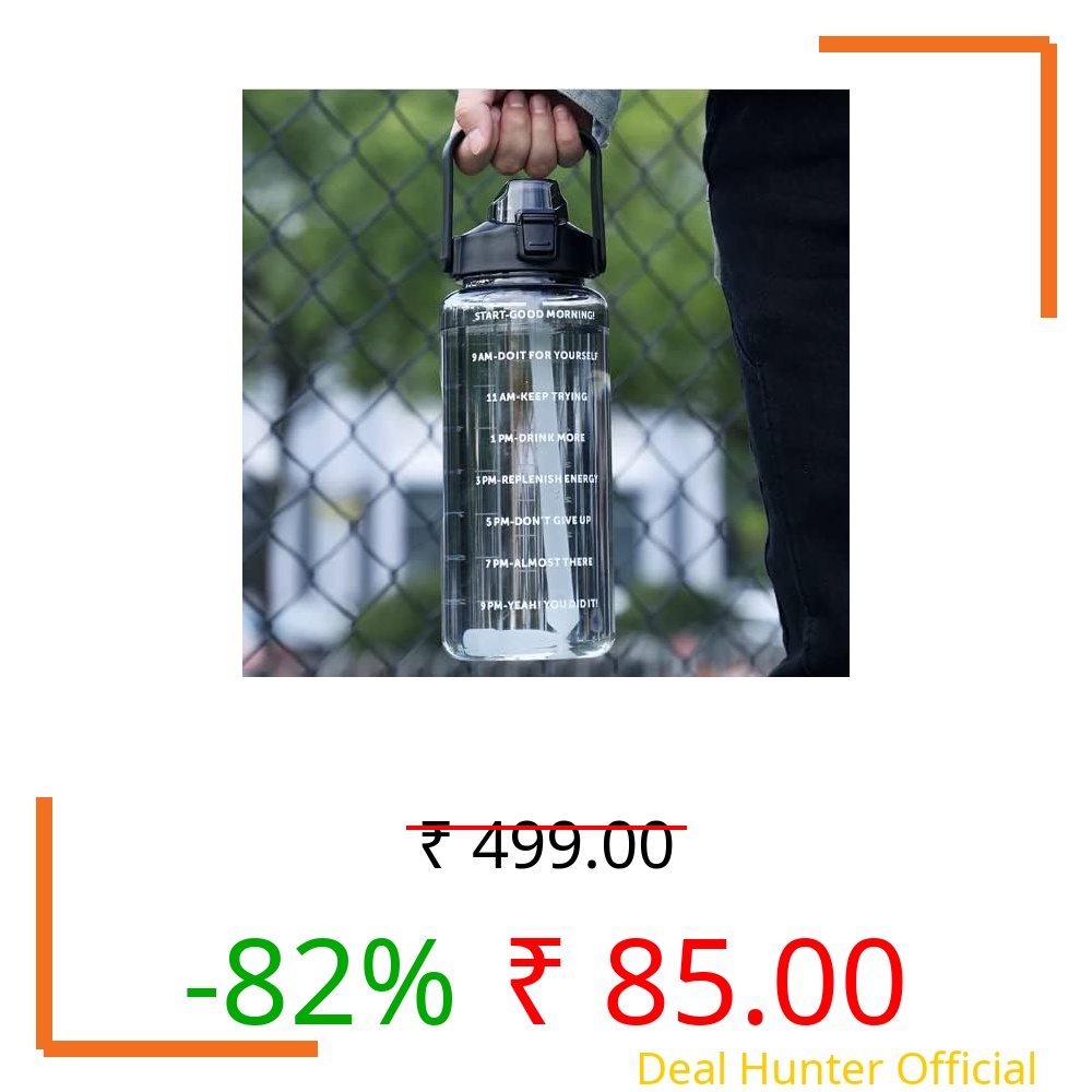 AGIL 2 L Capacity Belt Straw Transparent Motivational Water Bottles|Time Marker Leak Proof&Break-Proof|Best Usage For Office/School/Gym/Travel |Bpa-Free Fitness Sports Bottle (BLACK)