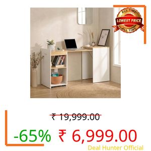 Klaxon Foldable Study Table with Drawer & Storage Shelf | Compact Desk for Home & Students | Folding Design with Lockable Wheels (Neo Oak White, DIY Installation)