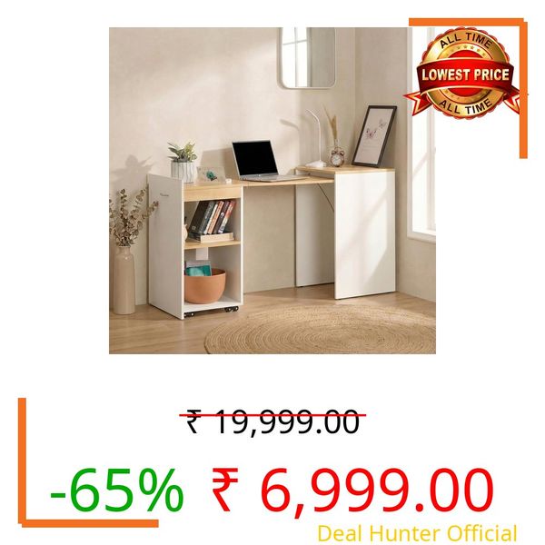 Klaxon Foldable Study Table with Drawer & Storage Shelf | Compact Desk for Home & Students | Folding Design with Lockable Wheels (Neo Oak White, DIY Installation)