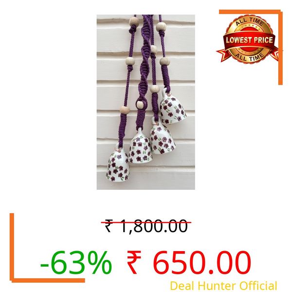 Mundane Macrame Bell Hanging with Handpainted Ceramic Bells | Wall & Balcony Home Decor (Purple)