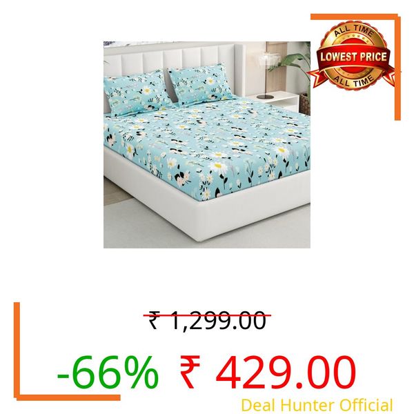 Rivermoor Ultrasoft Elastic Fitted Bedsheet for Double Bed | Queen Size Bed Sheet with 2 Pillow Covers | Blue Floral Print | 72 x 78 x 10 Inches | Breathable & Hypoallergenic
