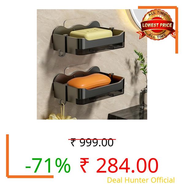 Self-Adhseive Bathroom Soap Holder with Drainage Tray Wall Mounted Soap Sponge Holder Organizer Accessories (Black, Pack of 2),Plastic