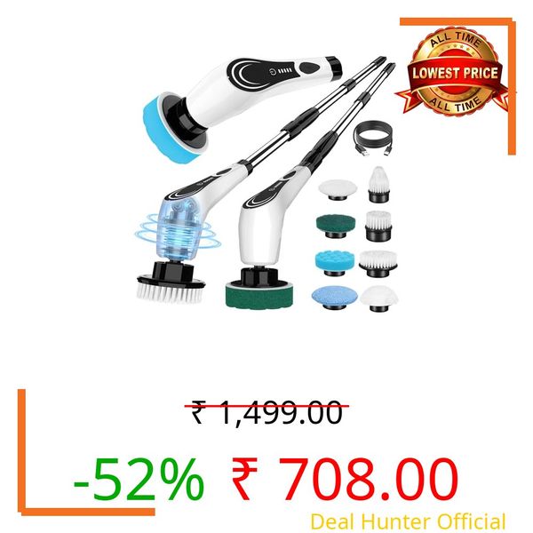 Lichffy Electric Spin Scrubber, Cordless Power Scrubber with 8 Replaceable Brushs, 2-Speed Adjustable Handle Shower Scrubber, IPX7 Waterproof Cleaning Brush for Bathroom, Tile, Tub, Teens, White-qe1