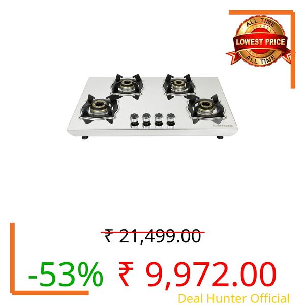 Everflame Marvel Gas Stove | 4 Burner Steel Stove | 6G Brass Burners | Manual Ignition | Italian SABAF Valve | 5 Years Warranty on (Body & Burners) + 2 Years Comprehensive Warranty + Doorstep Service