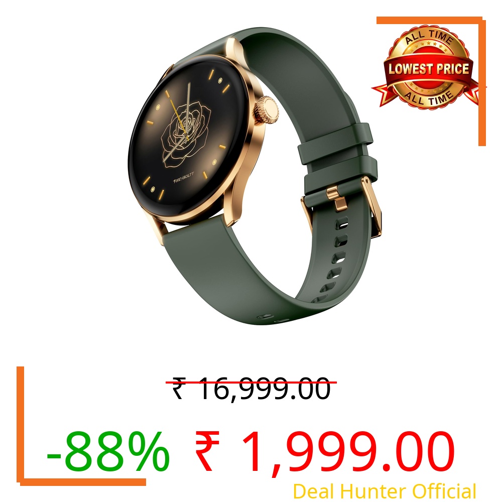 Fire-Boltt Glitz Women Smart Watch with 1.19” AMOLED Display, Bluetooth Calling, Rotating Crown, Always On Display, 1000 Nits Brightness, IP68 Waterproof Soft Olive