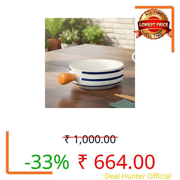 Femora Ceramic Multipurpose Snack Bowl (700ml) | White & Blue Design with Easy-Grip Yellow Handle | Microwave, Oven & Dishwasher Safe | Ideal for Noodles, Soup, Salads, and Baking