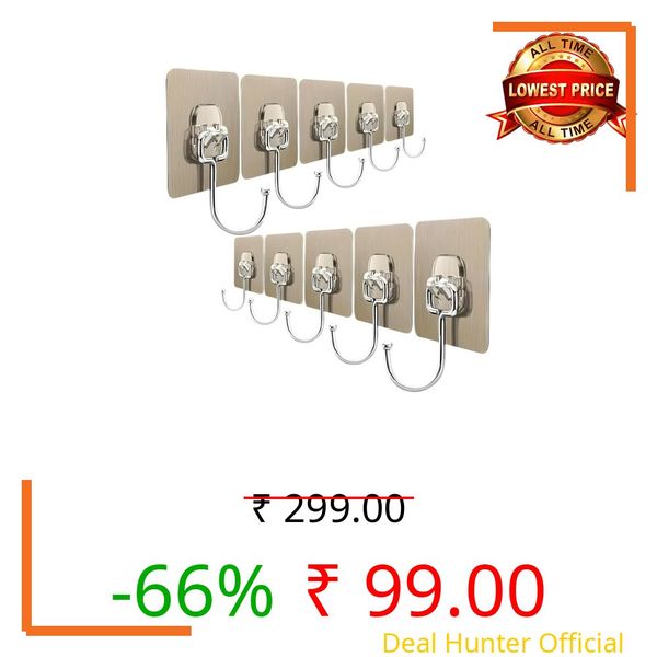 DME SALES Heavy Duty Self Adhesive Wall Hooks | Waterproof PVC Sticky Hooks Stainless Steel Big Hooks for Home Storage Bathroom Kitchen | Silver Multipurpose 10KG Capacity (Golden Hook 10-pcs)