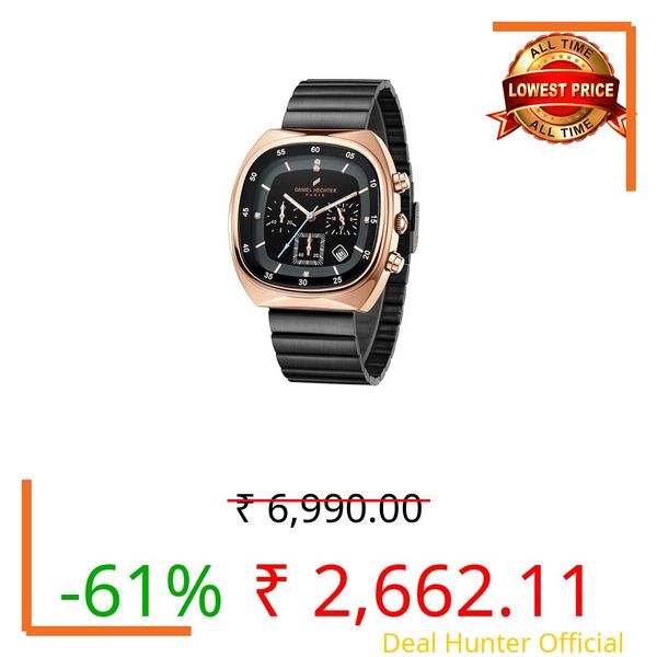 Daniel Hechter Paris Bercy Collection Modern Multi Functional Watch for Men with Square Dial and Stainless Steel Strap (Dial:Black,Strap:Black, Stainless Steel)