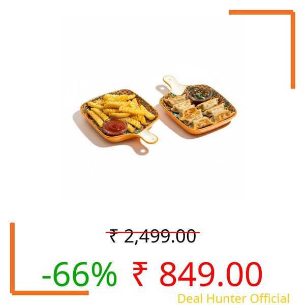 Beyond Homes Ceramic Snack Plates, 9 Inch | Square Dessert Plates with Handle for Baking | Microwave & Dishwasher Safe Serving Platter for Snack, Starters & Dining Table (Orange, Set of 2)