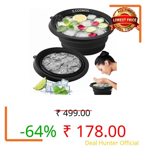 E-COSMOS® Silicone Collapsible Face Bowl with Built-in Ice Tray for Ice Baths and Soaking, Modern Round Design, BPA-Free, Dishwasher Safe, Black