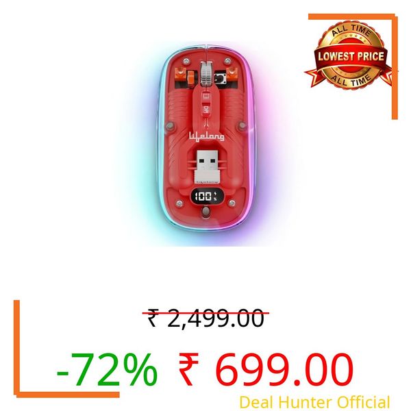 Lifelong Electronics CursorClix Transparent Rechargeable Mouse | Triple Wireless (2 Bluetooth + 1 USB Receiver) | LED Display & RGB Light | 4800 DPI | Silent | for PC, Laptop, MacBook, Gaming & Work
