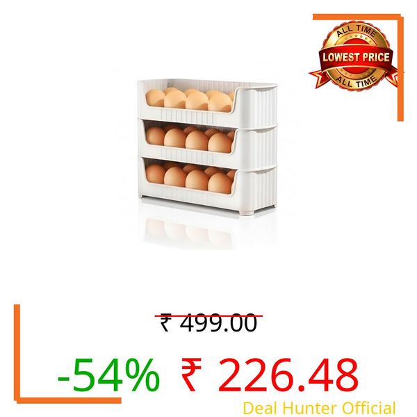 XML Eggs Tray Storage Baskets Refrigerator Stackable Organizer Plastic Containers with Handle For Home,Kitchen, Restaurent Tools Items, 3-Tier Container Holds 30 Eggs, 24.5x9.5x21.5cm