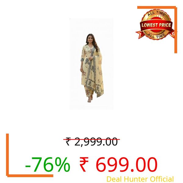MANHAREE Women's Pure Cotton Floral Printed Straight Kurta with Pant & Dupatta Set – Ethnic Wear 3-Piece Salwar Suit for Office & Casual Wear – Cream/Beige