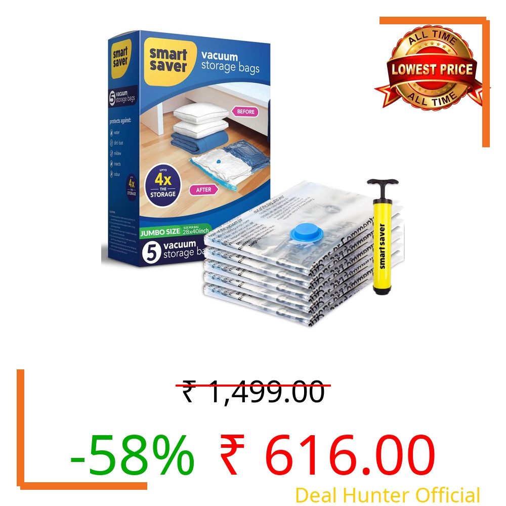 Smart Saver Vacuum Storage Compression Ziplock Bags 5 Pack Jumbo (70x100) cm With Handpump for Clothes, Blankets, Pillows, Bedding, Comforters - Airtight Reusable Packing Bags