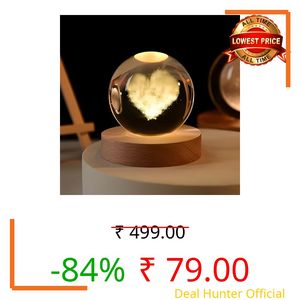 WEJK 3D Galaxy Crystal Ball Night Light|Dimmable Engraved LED Glass Ball Lamp with USB Powered Wooden Base-Solar System Crystal Ball Light for Home Decor,Office,Birthday Gift & Kids Bedroom (Heart)