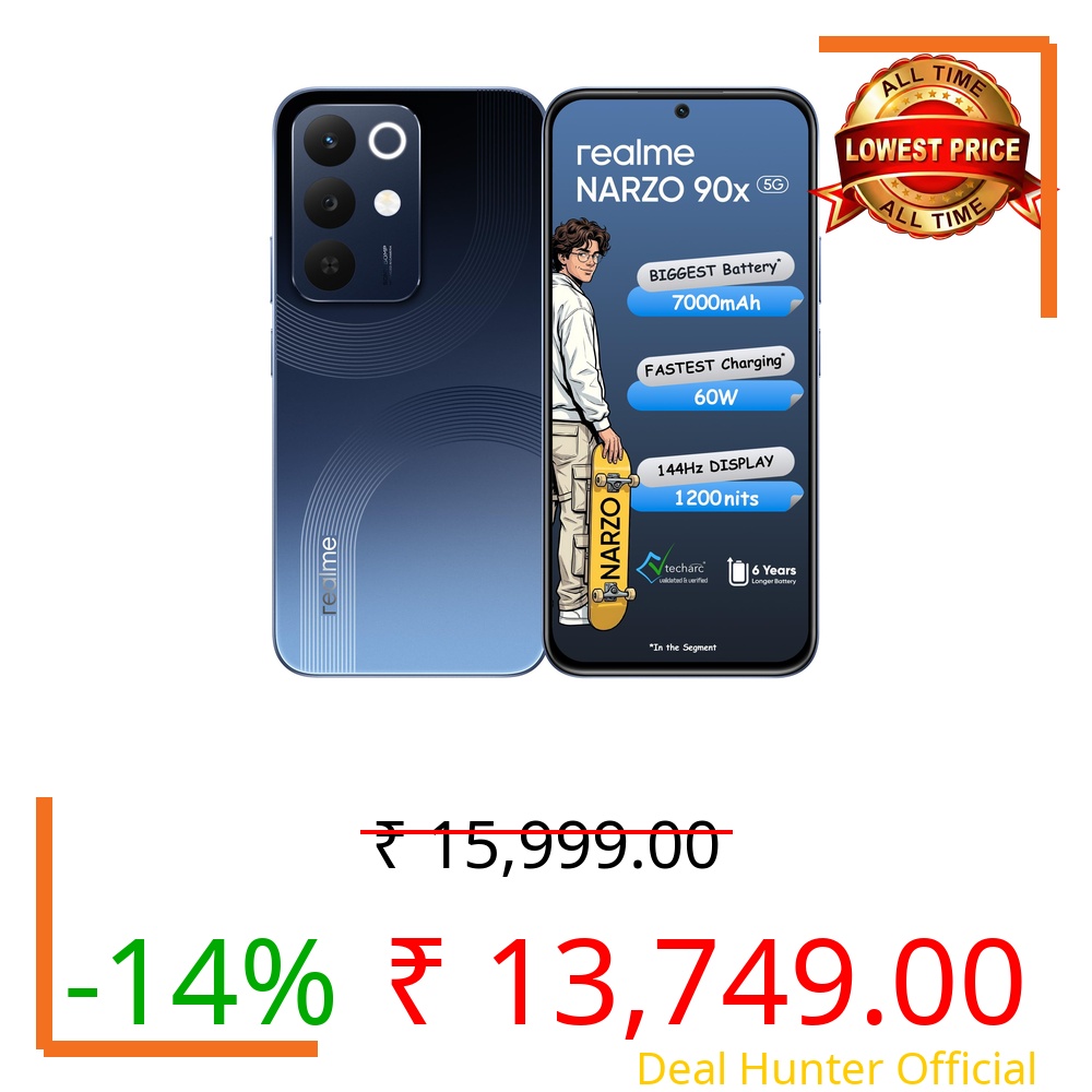realme NARZO 90x 5G (Marine Blue,4GB+128GB) |7000mAh + 60W Biggest Battery & Fastest Charging in The Segment* | 144Hz Bright Display | Sony 50MP AI Rear Camera | AI Assist | 400% Ultra Boom Speaker