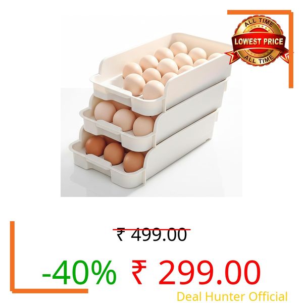 KBS Eggs Tray Storage Baskets Refrigerator Stackable Organizer Plastic Containers with Handle For Home,Kitchen, Restaurent Tools Items, 3-Tier Container Holds 45 Eggs (15 X 3 EGG TRAY)