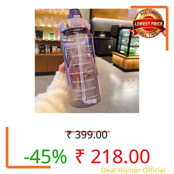 2L Transparent Motivational Water Bottle with Straw & Time Marker | Leak Proof BPA Free Sports Drinking Bottle for Gym, Office, School & College | Break Resistant with Belt Handle (Purple)