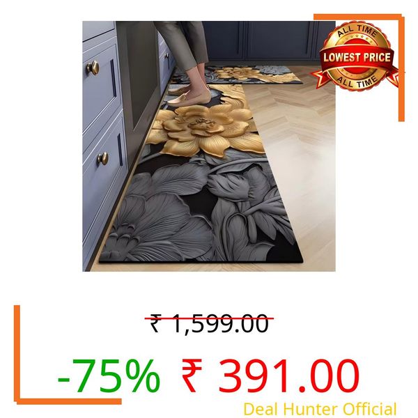 zEdx 2 Pcs Kitchen Mats Waterproof Memory Foam Standing Desk Floor Mat Non Slip Rugs Floor Carpets for Kitchen Home Office, Sink & Laundry Multicolor (118 * 38 cm,58 * 38 cm) (2, Black Flower Design)