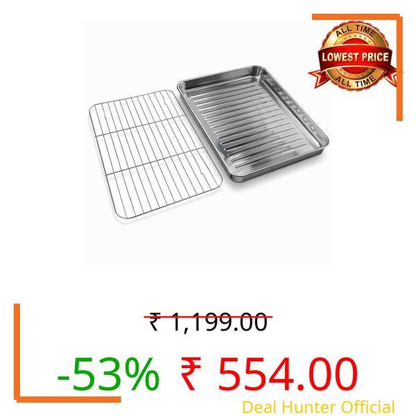 Crega Stainless Steel Baking Tray Large Oven Pan with Cooling Rack Heavy Duty Non Toxic Rust Resistant Dishwasher Safe Perfect for Baking Cakes Pastries Muffins Snacks Roasting Grilling and Serving