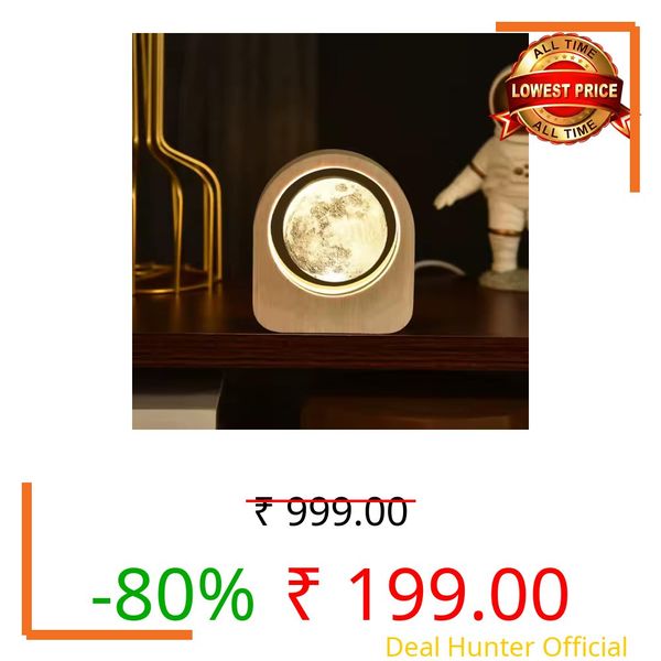 One94Store 3D Engraved Standing Moon Ball Crystal Light | LED Table Lamp with Wooden Base, USB Powered | Warm White Night Lamp for Bedroom, Office & Gifts
