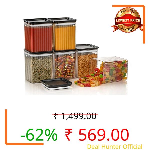 Xiran Airtight Kitchen Storage Box, Plastic Containers for Kitchen Storage Set, Food Storage Containers, Grocery Storage Box, Kitchen Containers Set (1100Ml Black Set of 6)