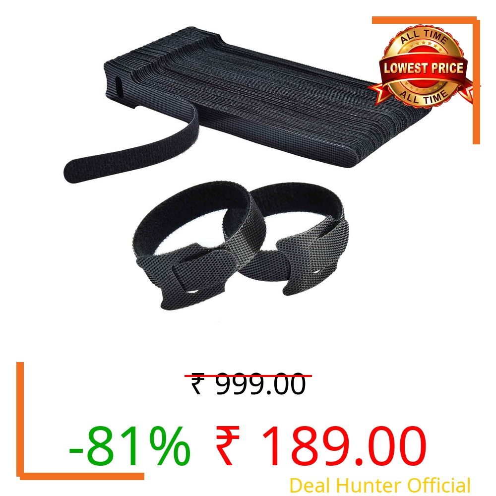 50 Piece Cable Organizer Hook & Loop Tape - Wire/Cord Holder Management Strap - Reusable Hook & Loop Ties for PC, TV, Desk, WFH Accessories - Black