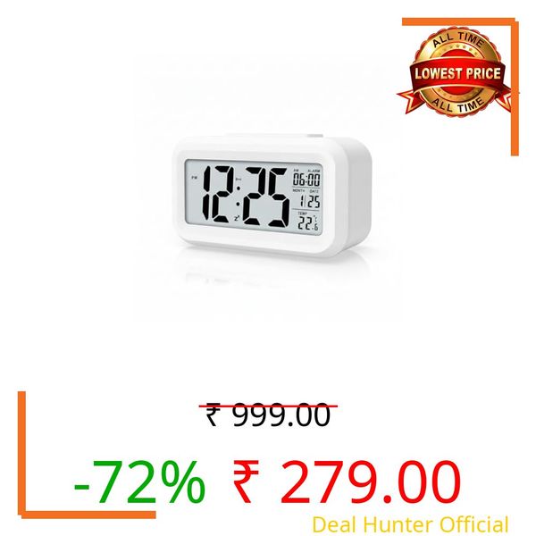 Rorian Digital Alarm Clock – Large LCD Display with Smart Backlight, Indoor Temperature, Date & Calendar, Battery Operated Portable Desktop Clock for Bedroom, Travel, and Office (White)
