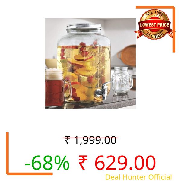 4 Liter Glass Water Dispenser Jar with Tap – Juice, Detox Water, Beer Dispenser – Mason Jar Style with Airtight Lid for Home & Restaurant