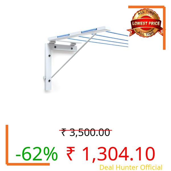 Clothes Drying Stand Wall Mounted/Cloth Dryer Stand/Clothes Hanger for Drying Clothes Foldable for Home Or Balcony with 50 Feet Rope and Fasteners Set (Metal-White L Shape)