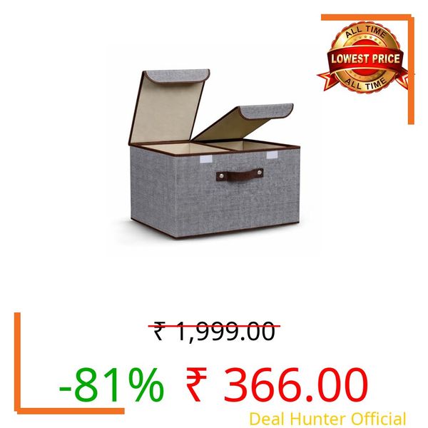 DecorTwist Foldable Cloth Storage Box with Lid | Non-Woven Wardrobe Organizer for Clothes, Sarees, Toys & Books | Closet Basket Bin | Reinforced Stitching | Grey L50×W30×H26 cm