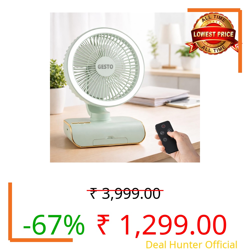 Gesto 8 Inch High Speed Rechargeable Table Fan with Remote Control | 4000mAh Battery | Automatic Oscillation | 5 Speed Modes | LED Night Light | Portable USB Charging Desk Fan for Home, Office & Study
