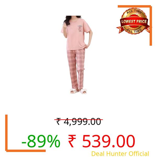 SHIENZY Women Korean Style Night Suit | Round Neck Short Sleeve Cute Printed Cotton Pajama Set for Girls & Women | Soft Nightwear, Lounge Wear, Sleepwear for Women | Co-ord Set(New-1695_PNK_L) Pink